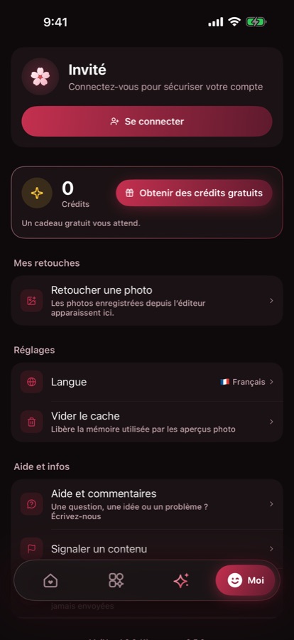 Moi: Vos retouches, crédits et réglages.