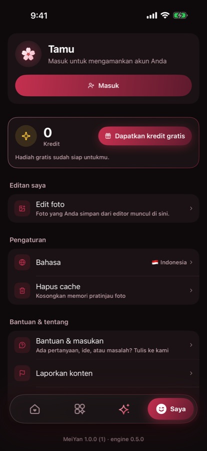 Saya: Editan, kredit, dan pengaturanmu.